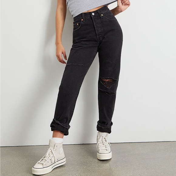 New Levi's Black 501 Ripped High Rise Jeans straight leg - Picture 2 of 8